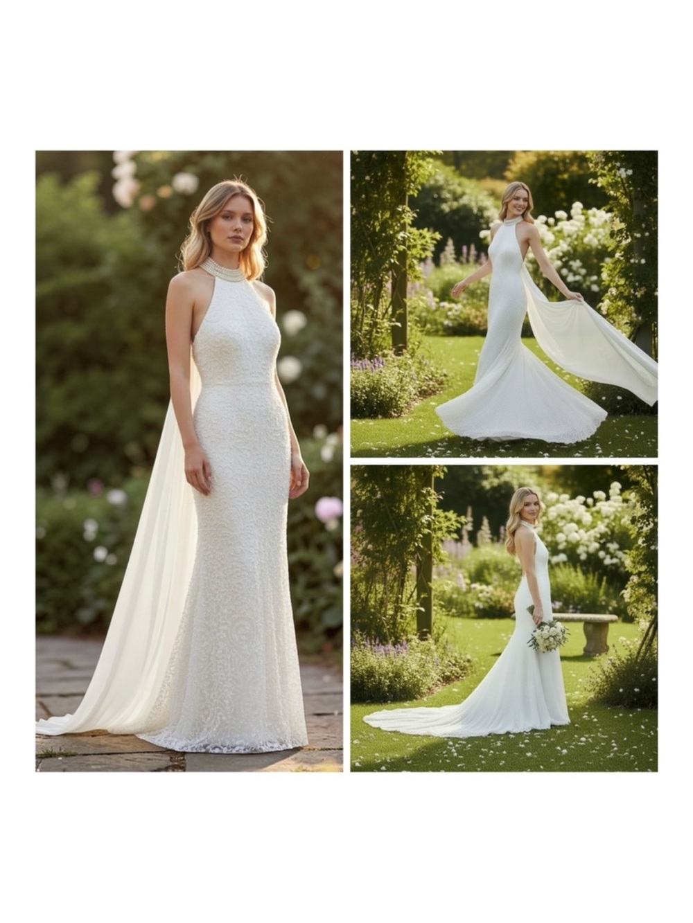 ST. TROPEZ Ivory Pearl Halter Neck Beaded Lace Wedding Gown With Sweeping Train - Picture 15 of 16